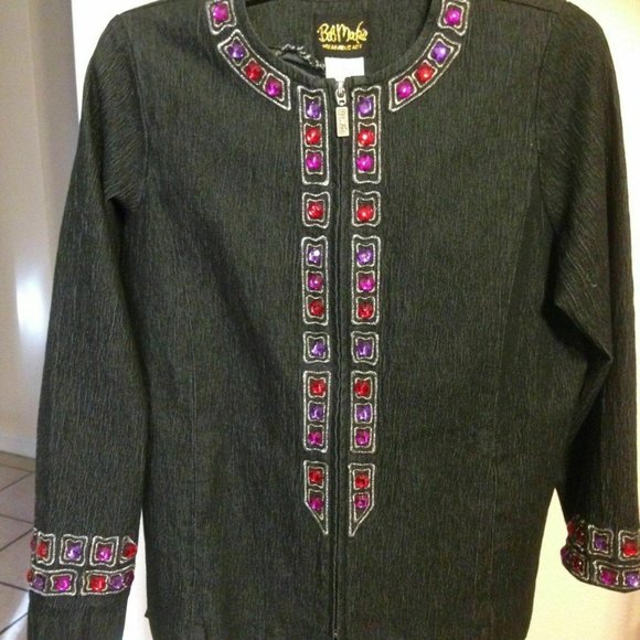 Bob Mackie Wearable Art ~Black Denim Jacket Embroidered Jeweled ~Zip Front ~Sz.S - Picture 5 of 10